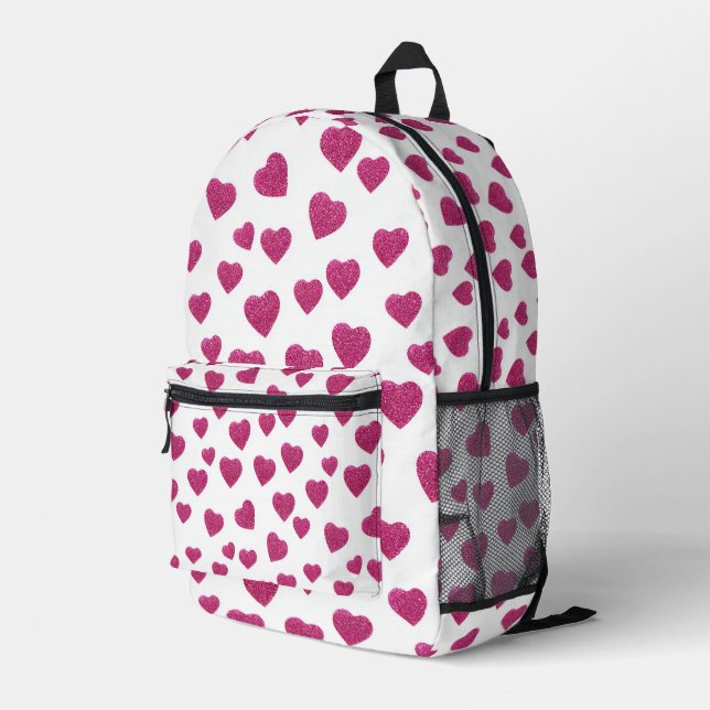 Trendy Valentine Pink Glitter Hearts on White Bedruckter Rucksack (Rückseitige Ecke Rechts)
