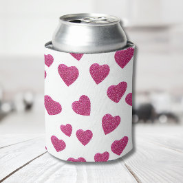 Trendy Valentine Pink Glitter Hearts on White Dosenkühler
