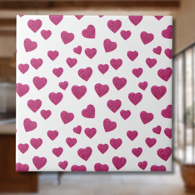 Trendy Valentine Pink Glitter Hearts on White Fliese (Von Creator hochgeladen)