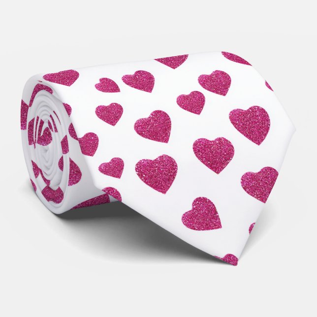 Trendy Valentine Pink Glitter Hearts on White Krawatte (Gerollt)