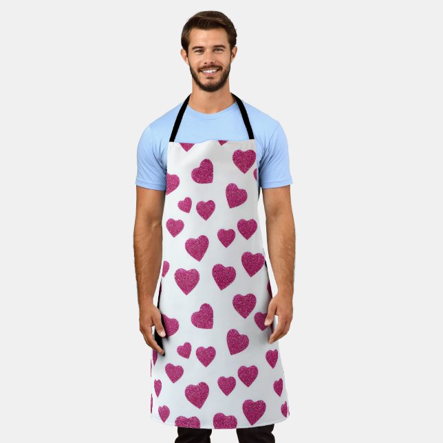 Trendy Valentine Pink Glitter Hearts on White Schürze (Getragen)