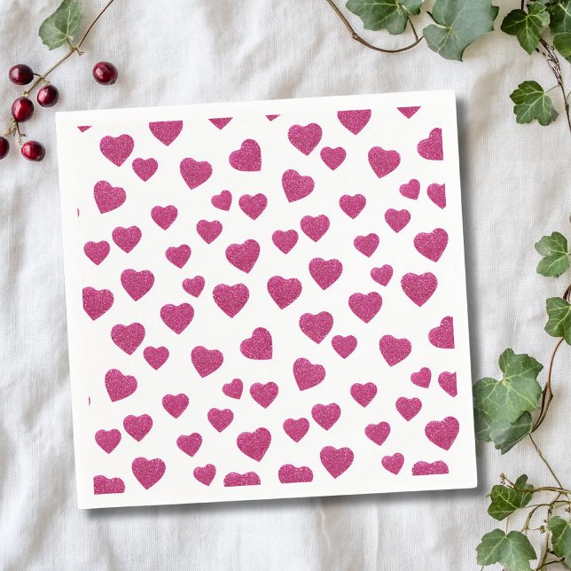 Trendy Valentine Pink Glitter Hearts on White Serviette (Von Creator hochgeladen)