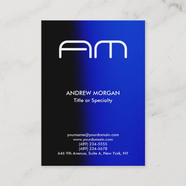 Trendy Vertical Modern Monogram Black Blue Visitenkarte (Vorderseite)