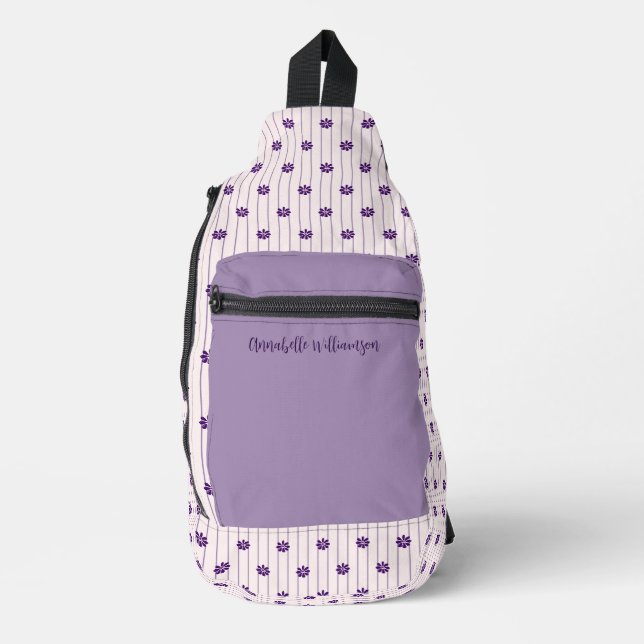 Trendy Violet Ihr Name Streifen & Blüten Crossbody Bag (Vorderseite)