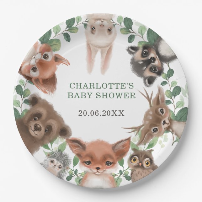 Trendy Wald Waldtiere Baby Dusche Gefälligkeiten Pappteller (Vorderseite)