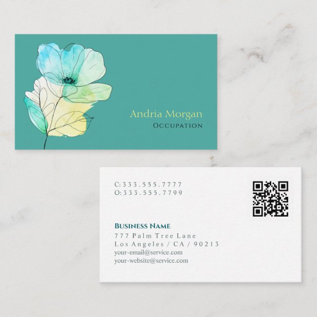 Trendy Watercolor Blume, Name, QR Code, Aquamarin Visitenkarte (Vorne/Hinten)