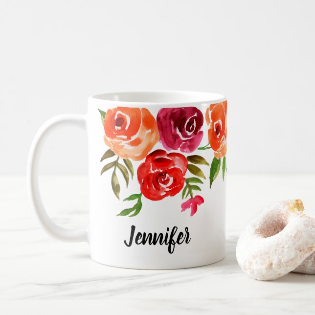 Trendy Watercolor Blume Personalisiert Kaffeetasse (Mit Donut)