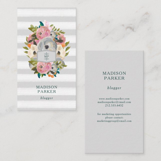 Trendy Watercolor-Blumen mit Chic-Grau-Streifen Visitenkarte (Vorne/Hinten)