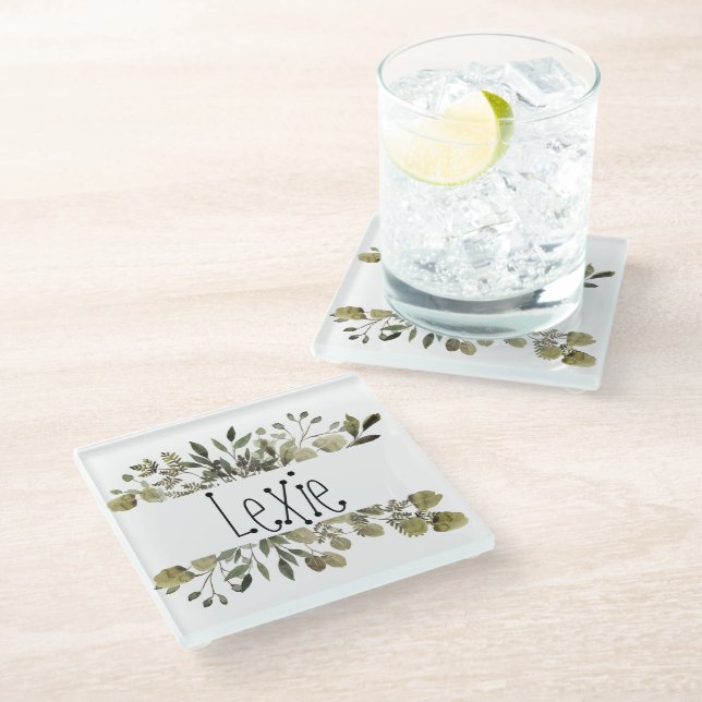 Trendy Watercolor Botanisch Personalisiert Glasuntersetzer (Schrägansicht)