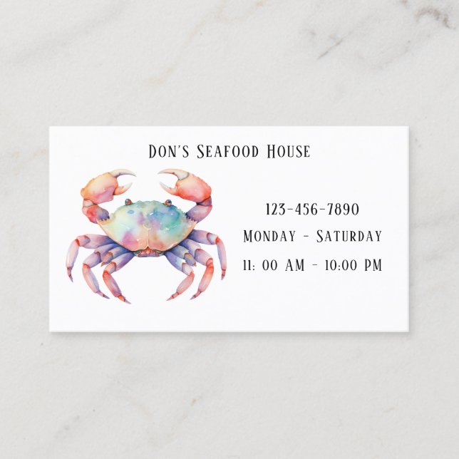 Trendy Watercolor Crab Company / Restaurant Visitenkarte (Vorderseite)