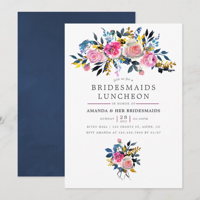 Trendy Watercolor Floral Bridesmaids Einladung (Vorne/Hinten)