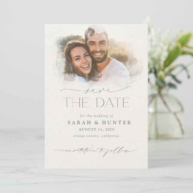Trendy Watercolor Foto Mask Calligraphy Wedding Save The Date (Stehend Vorderseite)