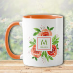Trendy Watercolor Living Coral Roses Monogram Tasse<br><div class="desc">This beautiful mug features lovely watercolor style peach to living coral roses, leaves and buds. A square white frame with an inside living coral square in the center of the flowers. Also available in other sizes and styles. CHANGE THE COLOR of the coral square, the green text font, and even...</div>