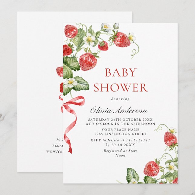Trendy Watercolor Meadow Strawberry Babydusche Einladung (Vorne/Hinten)