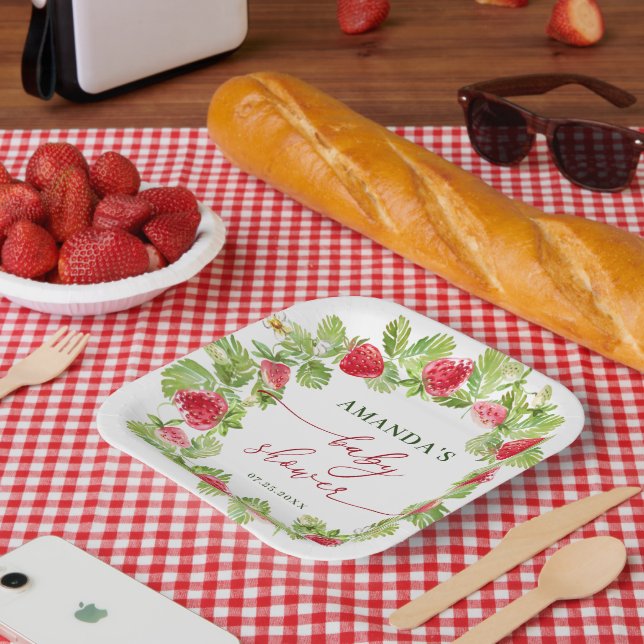 Trendy Watercolor Meadow Strawberry Babydusche Pappteller (Picknick)