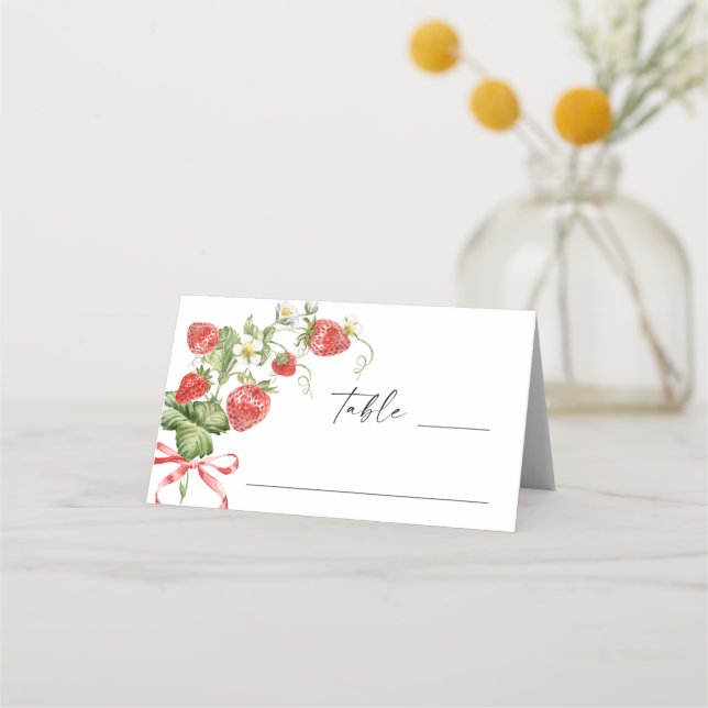 Trendy Watercolor Meadow Strawberry Babydusche Platzkarte (Vorderseite)