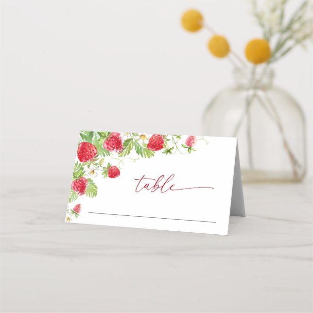 Trendy Watercolor Meadow Strawberry Babydusche Platzkarte (Vorderseite)
