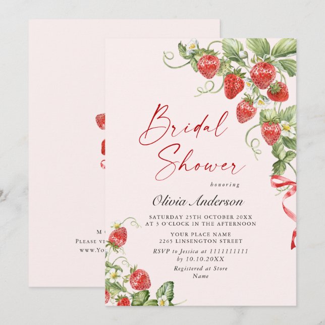 Trendy Watercolor Meadow Strawberry Brautparty Einladung (Vorne/Hinten)