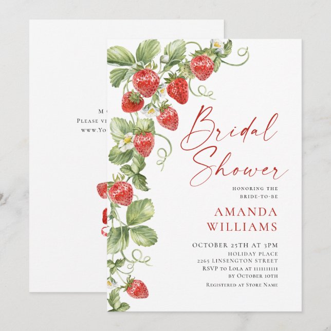 Trendy Watercolor Meadow Strawberry Brautparty Einladung (Vorne/Hinten)