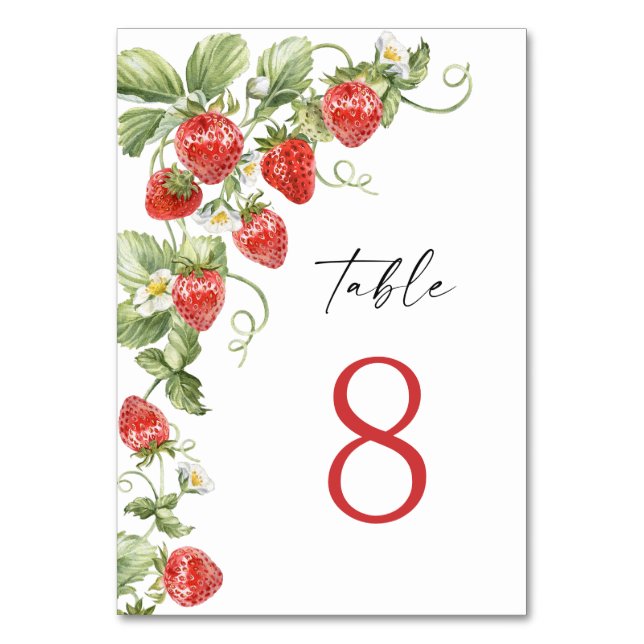 Trendy Watercolor Meadow Strawberry Tischnummer (Vorderseite)