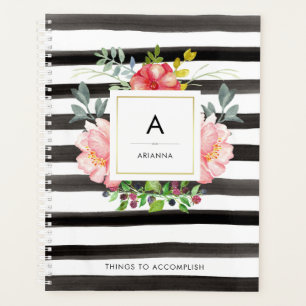 Trendy Watercolor Peony Blume   Schwarze Streifen Planer