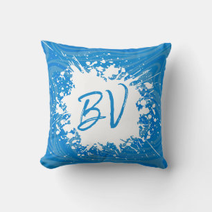 Trendy Watercolor Splash Blue Monogram Kissen