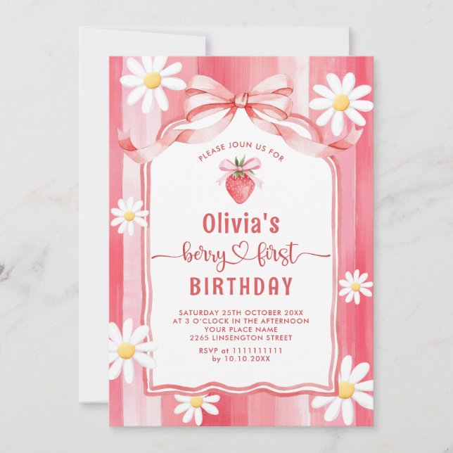 Trendy Watercolor Strawberry Baby First Birthda Einladung (Vorderseite)