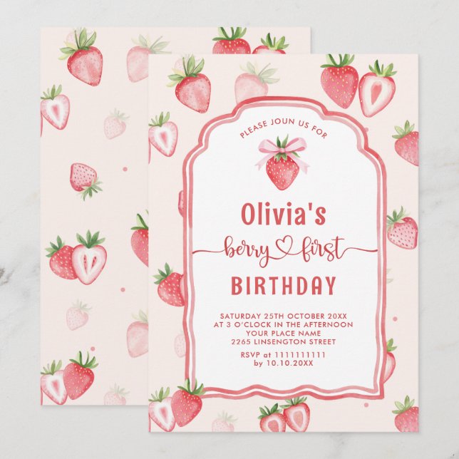 Trendy Watercolor Strawberry Baby First Birthday Einladung (Vorne/Hinten)