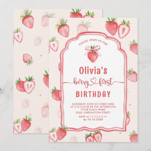 Trendy Watercolor Strawberry Baby First Birthday Einladung