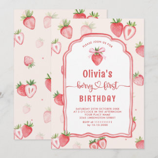 Trendy Watercolor Strawberry Baby First Birthday Einladung