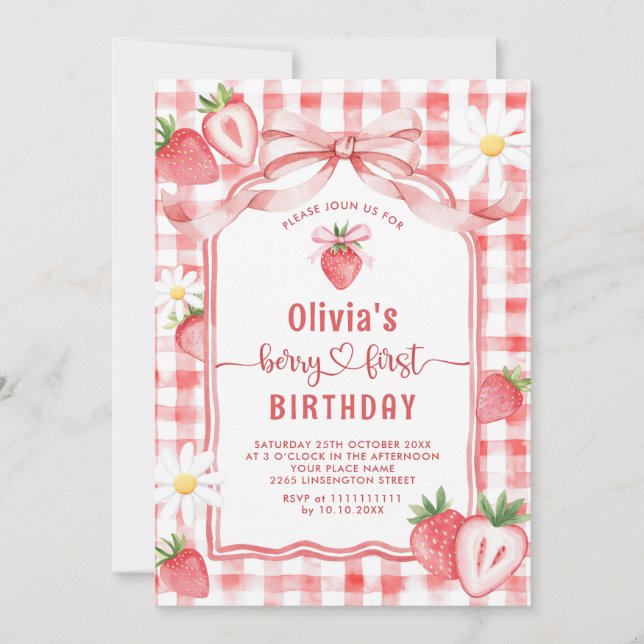 Trendy Watercolor Strawberry Baby First Birthday Einladung (Vorderseite)