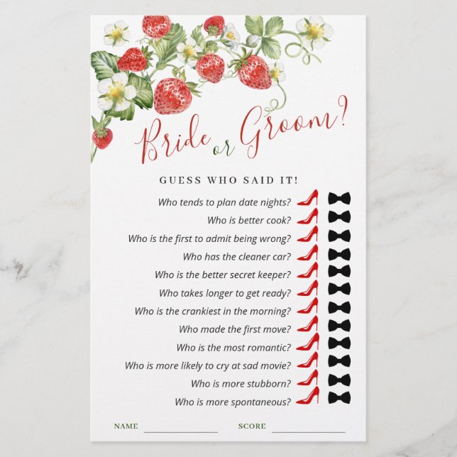 Trendy Watercolor Strawberry Brautparty Game (Vorderseite)
