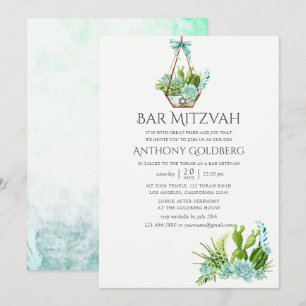 Trendy Watercolor Succulents Bar Mitzvah Einladung