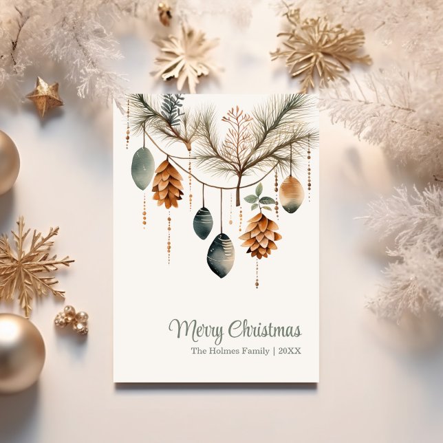 Trendy Watercolor Weihnachten außerhalb des Fotos (Trendy Watercolor Non Photo Christmas Holiday Card surrounded with golden Christmas ornaments.)