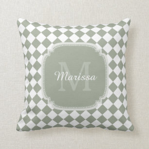 Trendy weises Grün-überprüfter mit Monogramm Name Kissen