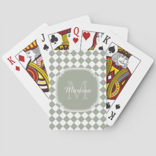 Trendy weises Grün-überprüfter mit Monogramm Name Spielkarten
