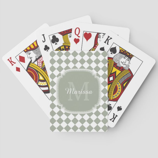 Trendy weises Grün-überprüfter mit Monogramm Name Spielkarten (Rückseite)