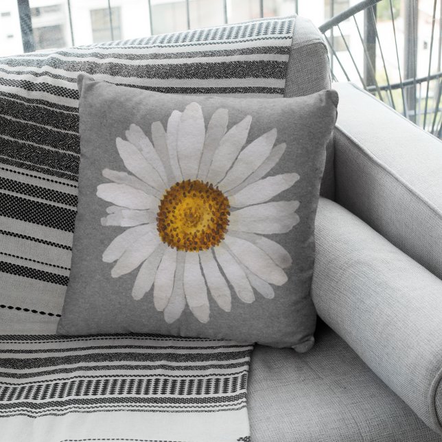Trendy White Daisy Watercolor Gray Kissen (Von Creator hochgeladen)