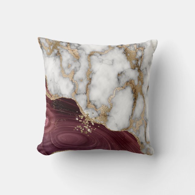 Trendy White Gold Burgundy Marmor Stone Textur Kissen (Vorderseite)