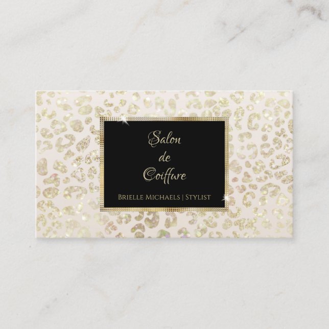 Trendy White Gold Glitzer Leopard Print Hair Salon Visitenkarte (Vorderseite)