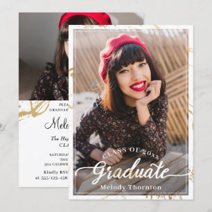 Trendy White Gold Marble 2 Foto Graduation Party Einladung