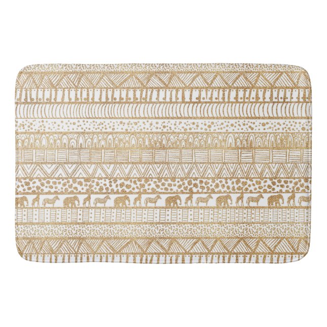 Trendy White Gold Tribal Afrikanisches Muster Badematte (Vorderseite)