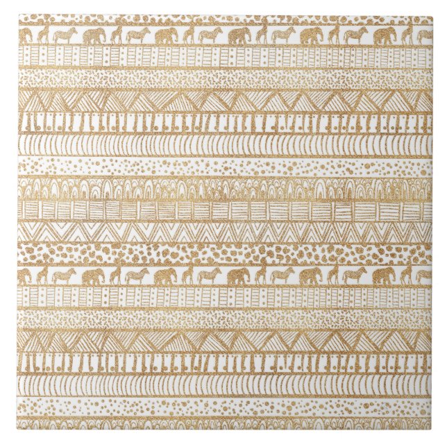 Trendy White Gold Tribal Afrikanisches Muster Fliese (Vorderseite)