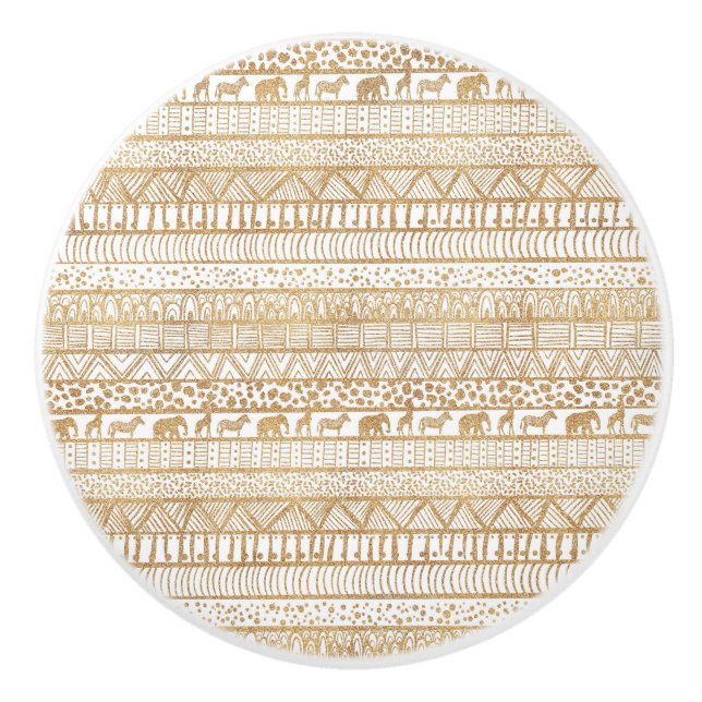 Trendy White Gold Tribal Afrikanisches Muster Keramikknauf (Vorderseite)
