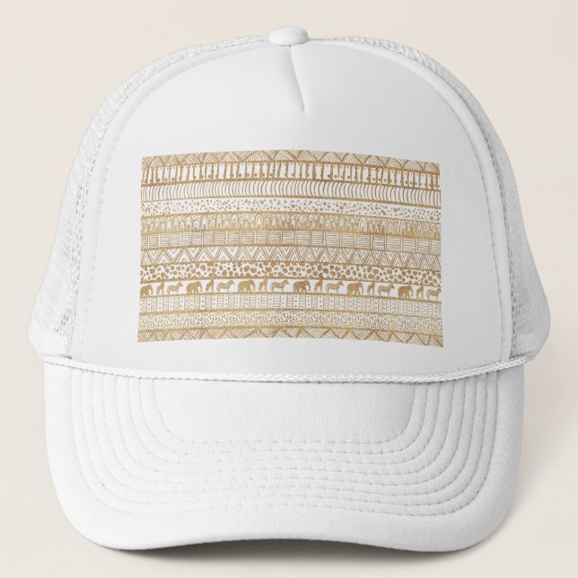 Trendy White Gold Tribal Afrikanisches Muster Truckerkappe (Vorderseite)