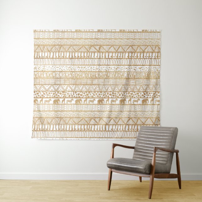 Trendy White Gold Tribal Afrikanisches Muster Wandteppich (Beispiel (Horizontal))