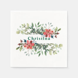 Trendy Winter Green Blätter mit roten Blume Serviette