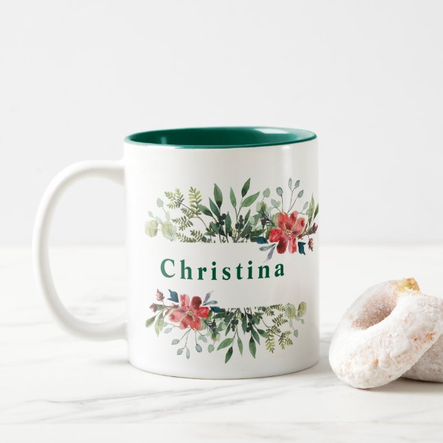 Trendy Winter Green Blätter mit roten Blume Zweifarbige Tasse (Mit Donut)