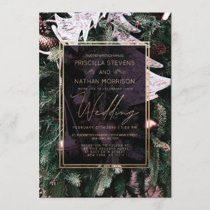 Trendy Winter Weihnachten Tree Gold Border Wedding Einladung