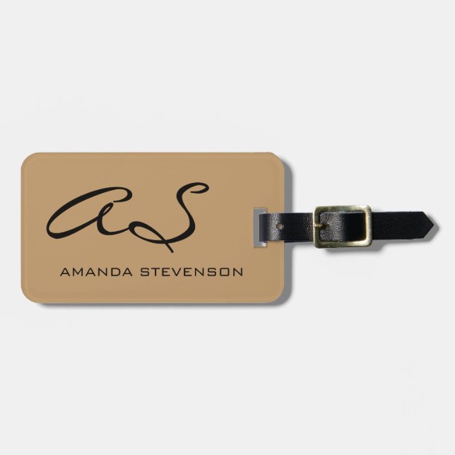 Trendy Wood Brown Script Monogram Luggage Tag Gepäckanhänger (Vorderseite horizontal)